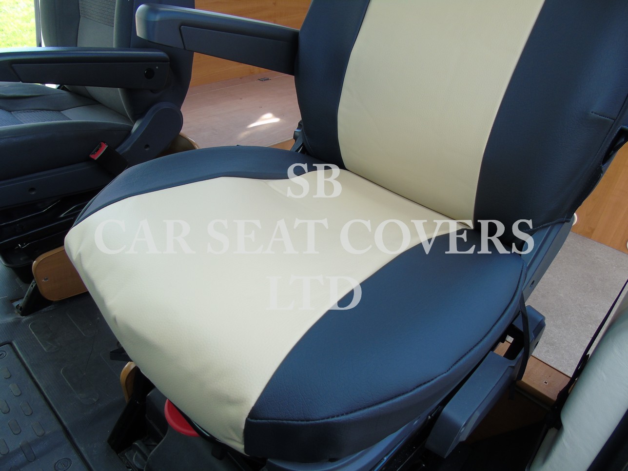 Ford Transit Motor Home Seat Cover – Black & Beige Leatherette MH-065 - Image 4