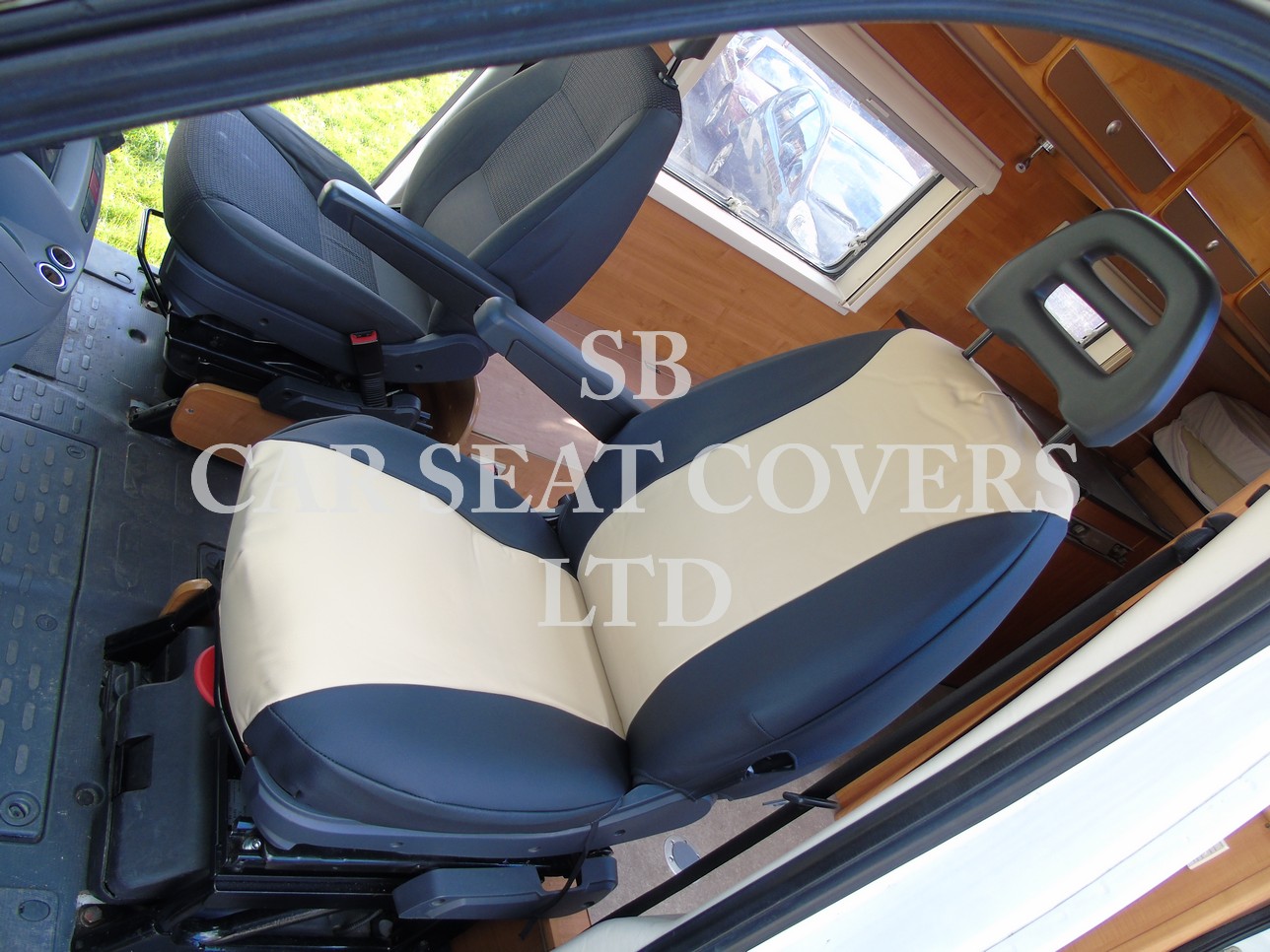 Ford Transit Motor Home Seat Cover – Black & Beige Leatherette MH-065 - Image 2