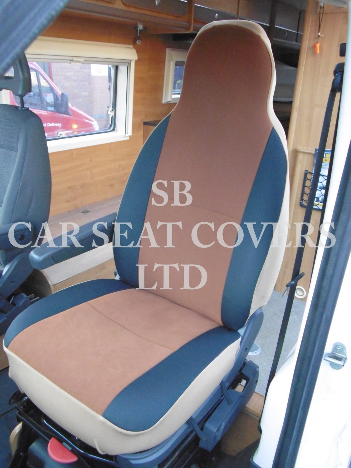 Ford Transit Motorhome Seat Cover Tan Suede-Charcoal Black MH-001 - Image 5