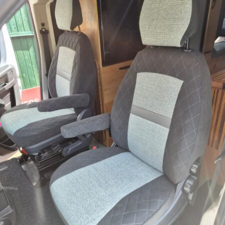 Ford Transit Motorhome, Custom made Fully re trimmed front seat covers + Rear dining cushions