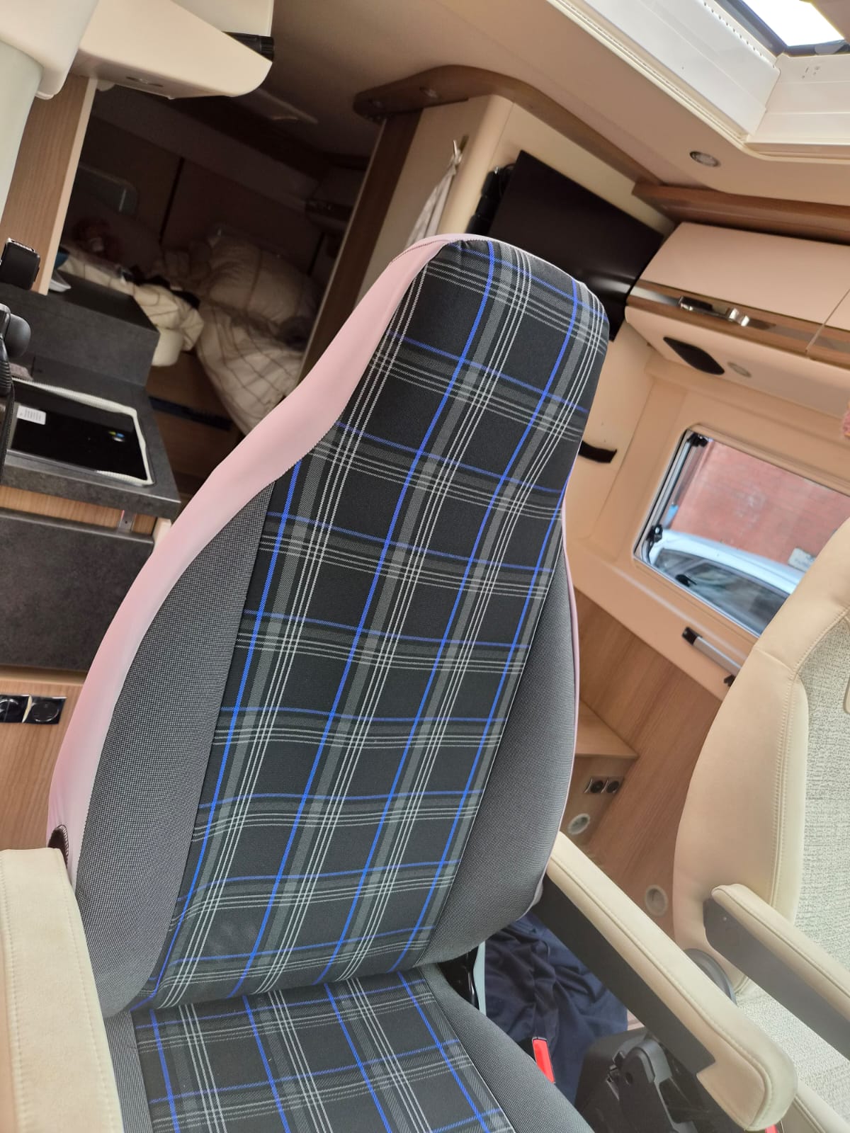 Ford Transit Motorhome 2 Front Seat Covers + Armrest covers, MH-Barclay Square Blue trim - Image 6